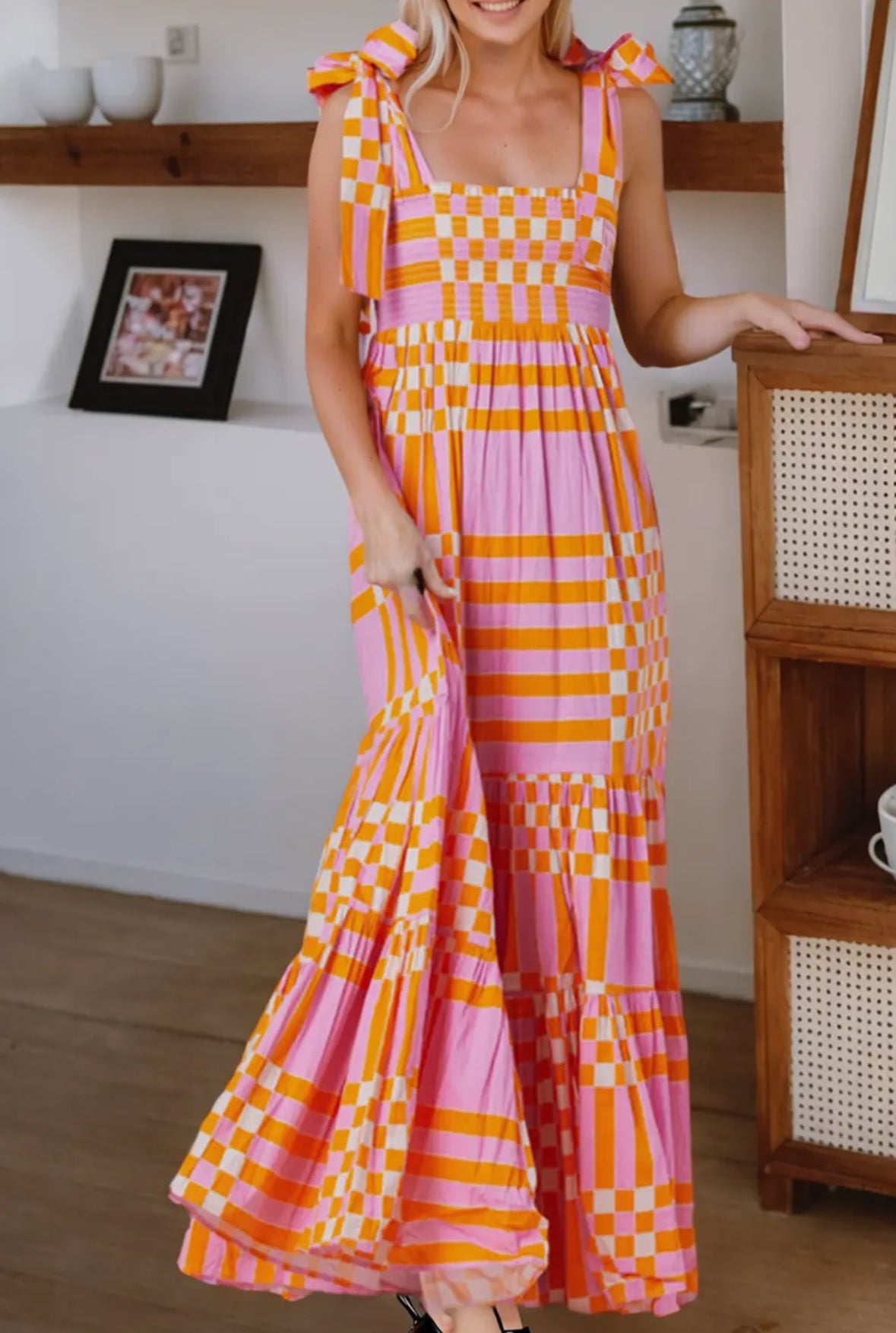 Boho Plaid Smocked Maxi Dress