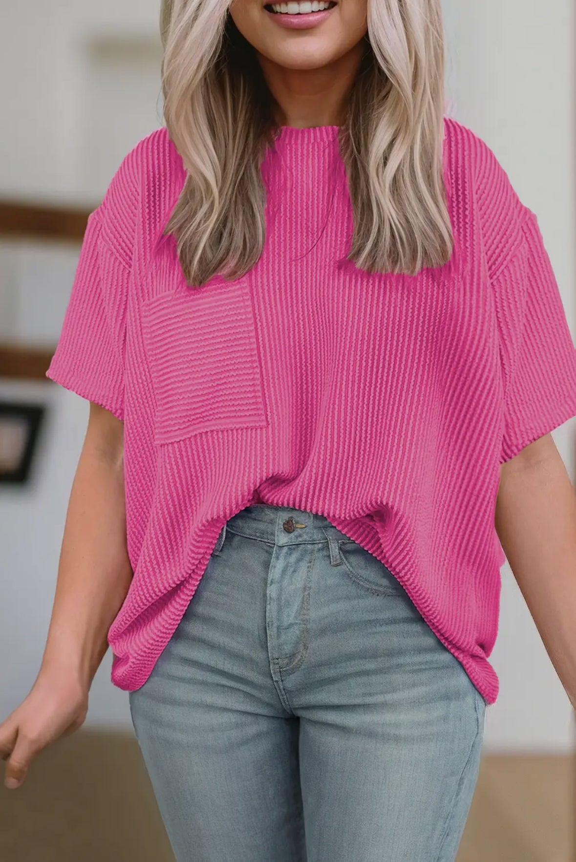 Ribbed Pocket Tee - hot pink