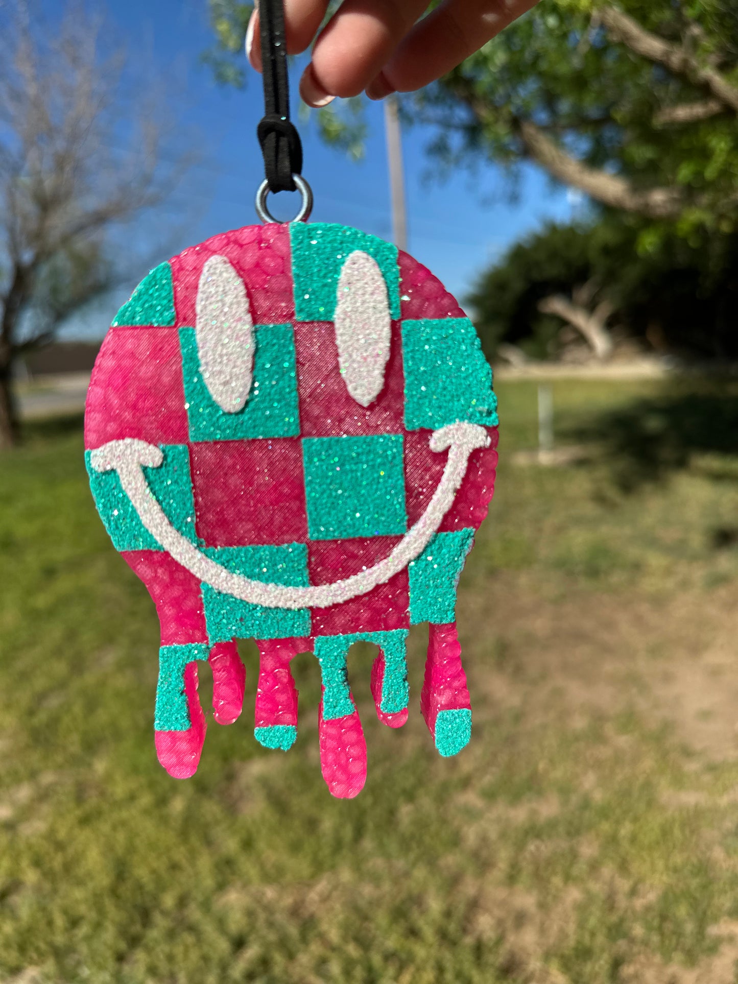Pink Checkered Smiley - LEATHER