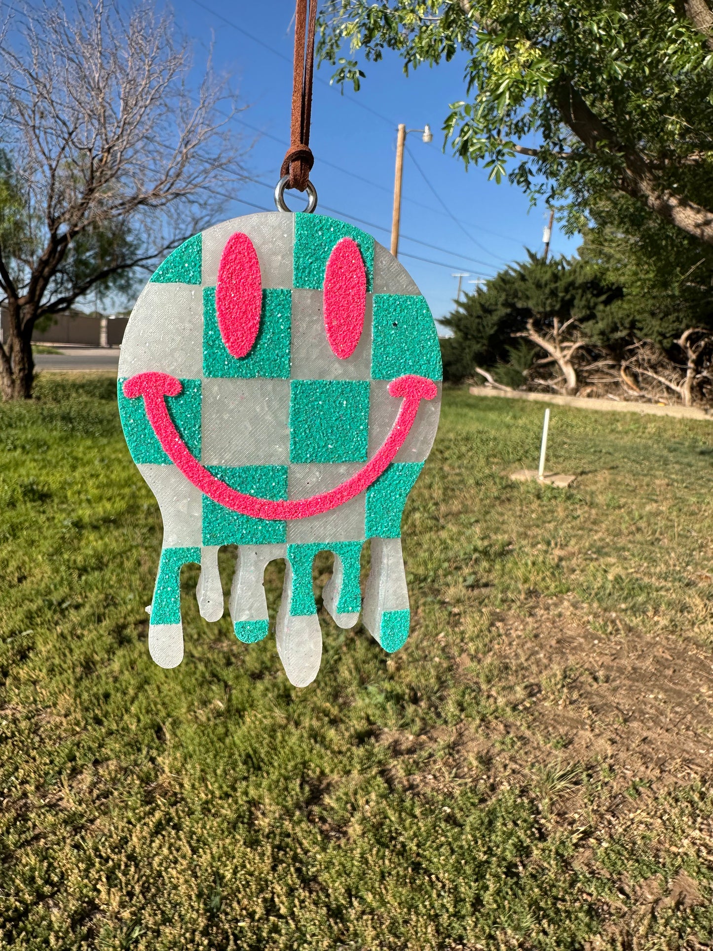 Turquoise/Pink Neon Smiley - LEATHER