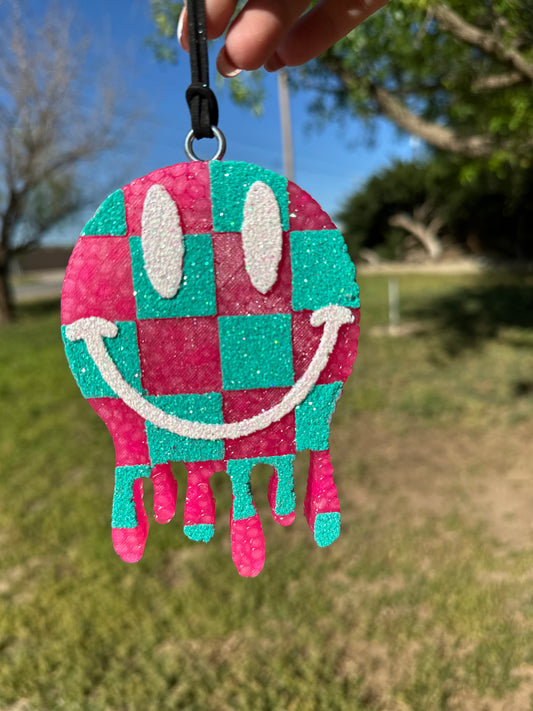 Pink Checkered Smiley - LEATHER